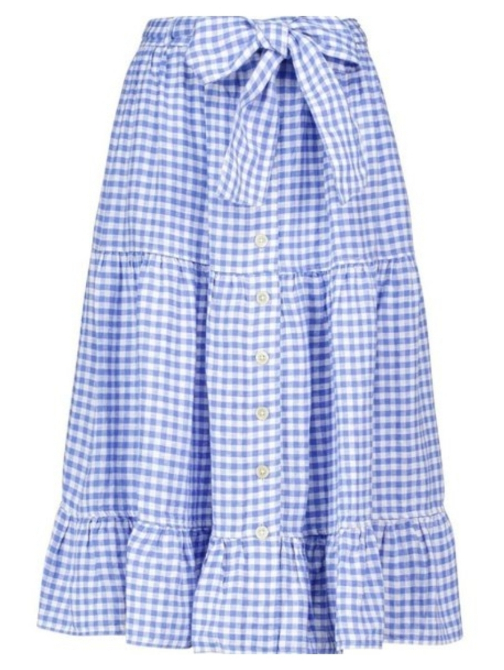 Ralph Lauren Polo Blue and White Gingham Tie-Waist Tiered Midi Skirt 100% Linen
